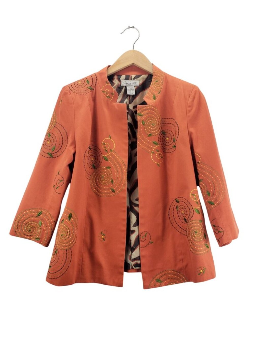 Open Front Blazer Burnt Orange L Birch Hill Embroidered Wearable Art 3/4 Sleeve